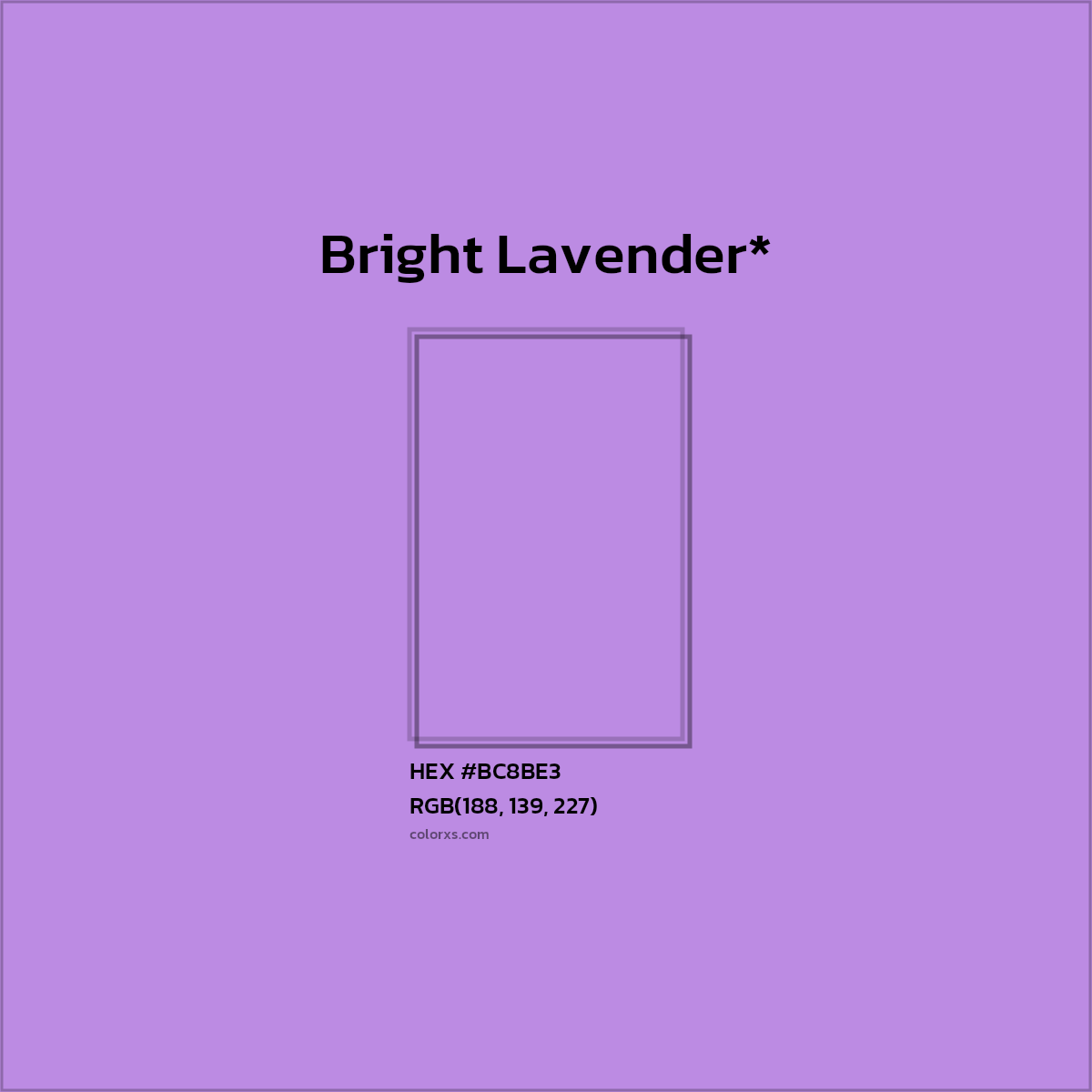 #BC8BE3 hex color. RGB, RYB, CMYK, HSL, HSV codes and color conversions. Matching color names, palettes, paints.