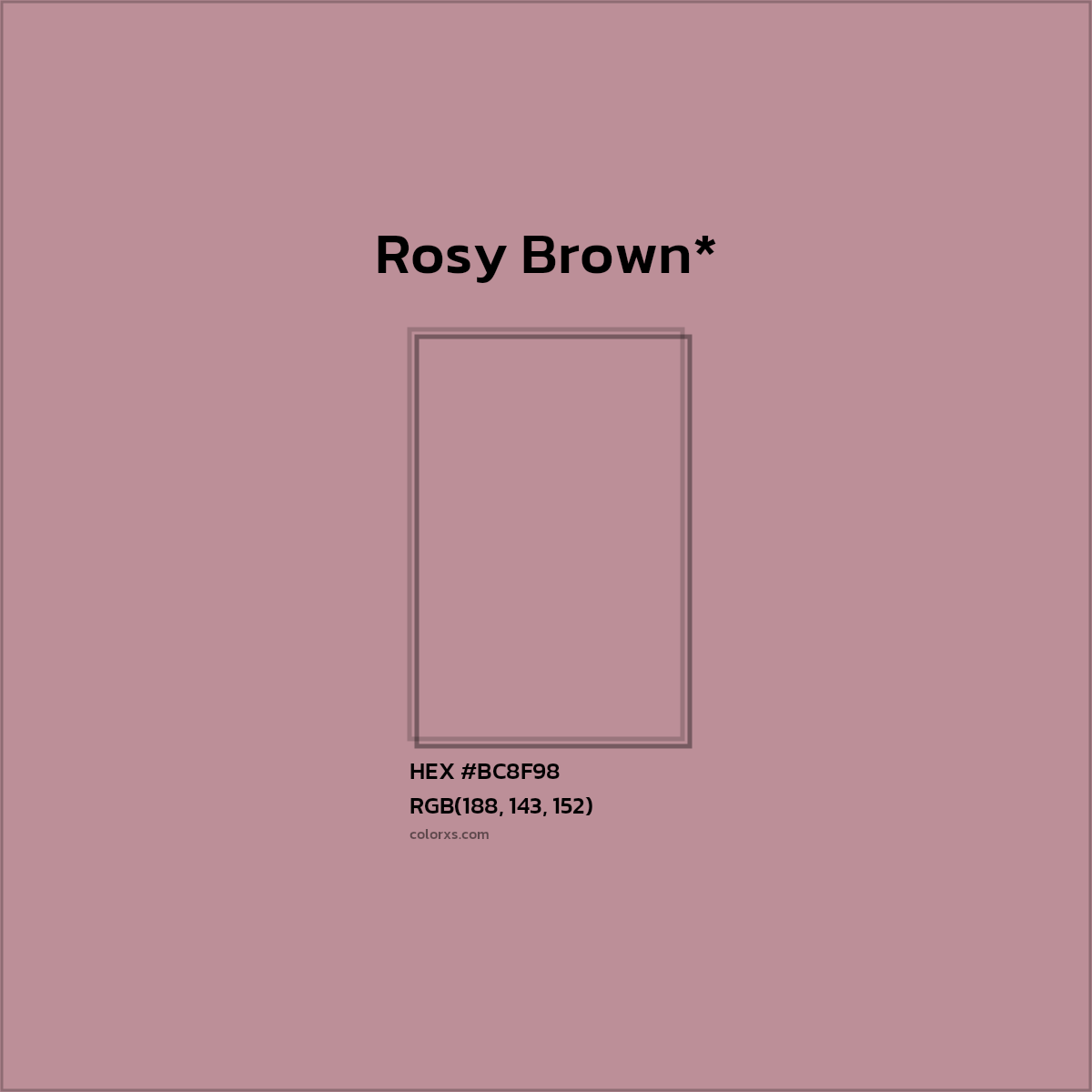 #BC8F98 hex color. RGB, RYB, CMYK, HSL, HSV codes and color conversions. Matching color names, palettes, paints.