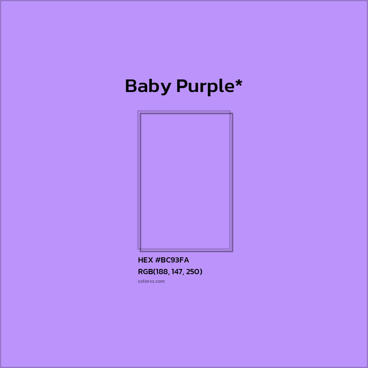 #BC93FA hex color. RGB, RYB, CMYK, HSL, HSV codes and color conversions. Matching color names, palettes, paints.