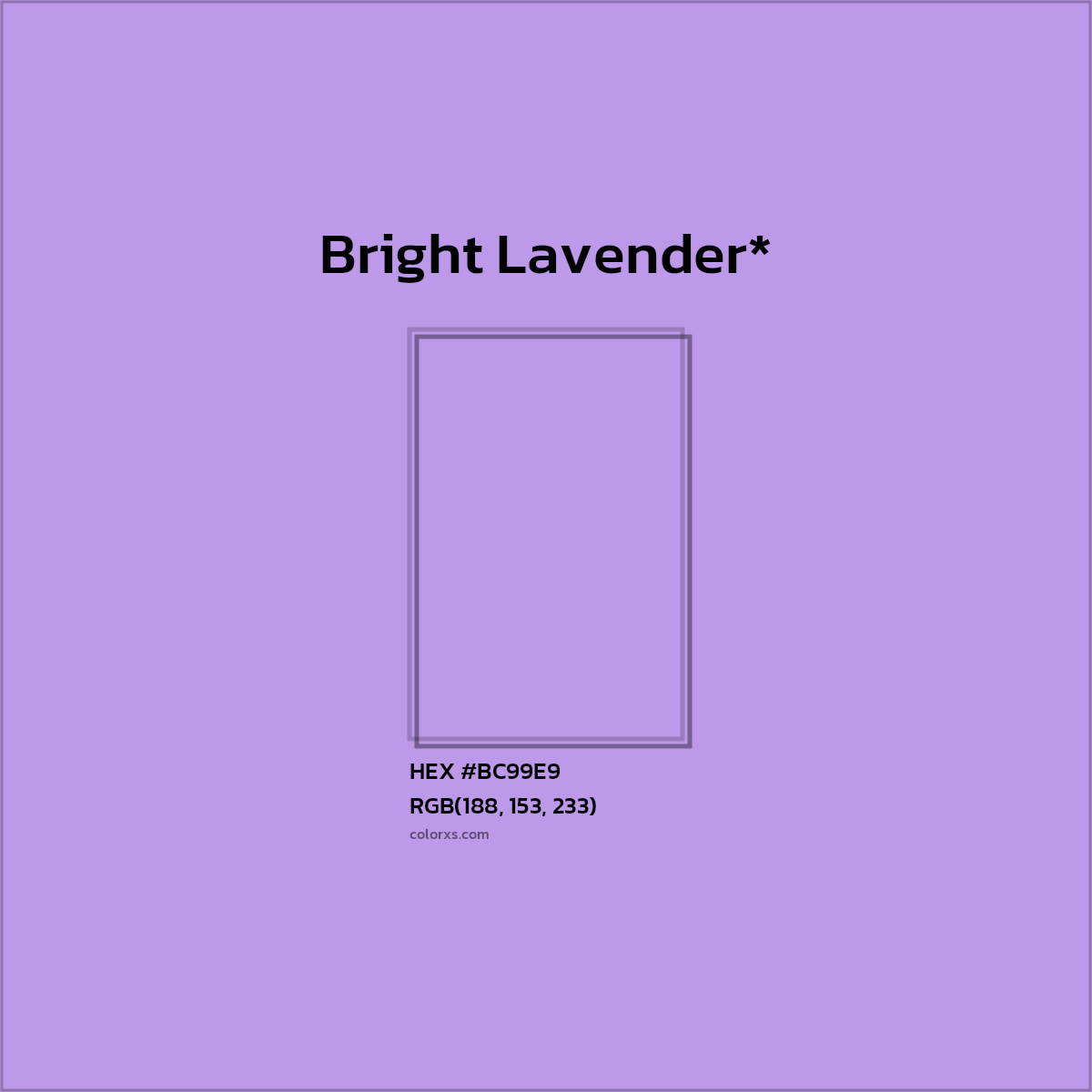#BC99E9 hex color. RGB, RYB, CMYK, HSL, HSV codes and color conversions. Matching color names, palettes, paints.