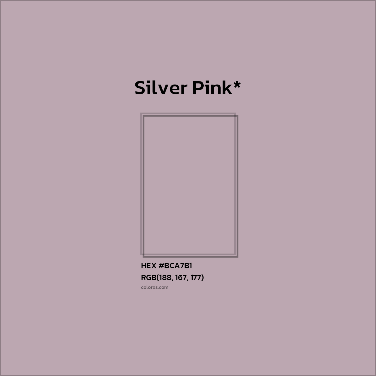 #BCA7B1 hex color. RGB, RYB, CMYK, HSL, HSV codes and color conversions. Matching color names, palettes, paints.
