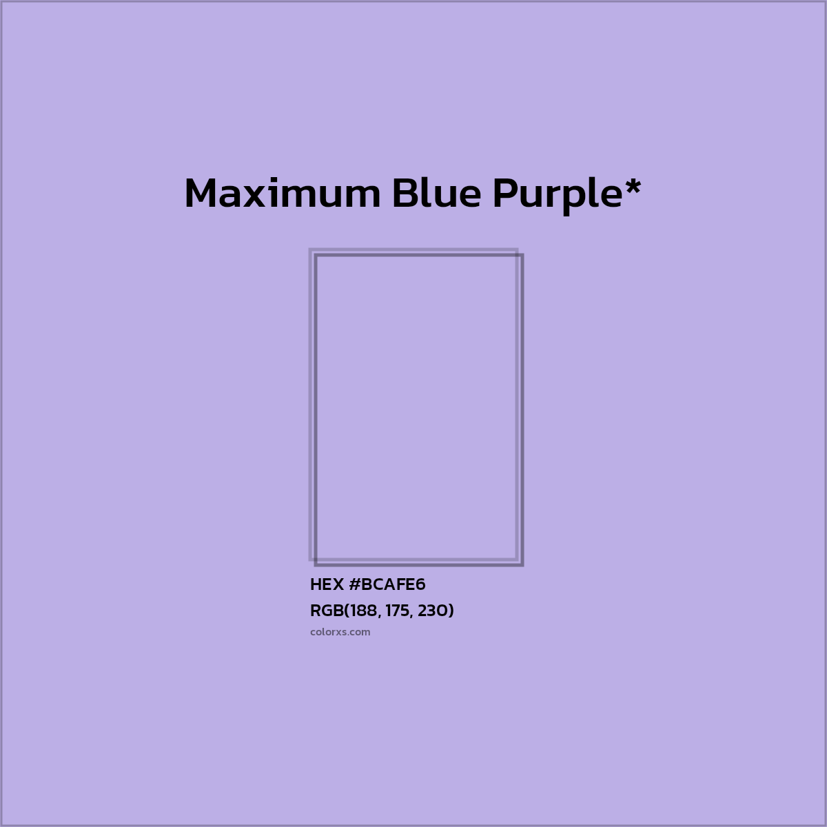 #BCAFE6 hex color. RGB, RYB, CMYK, HSL, HSV codes and color conversions. Matching color names, palettes, paints.