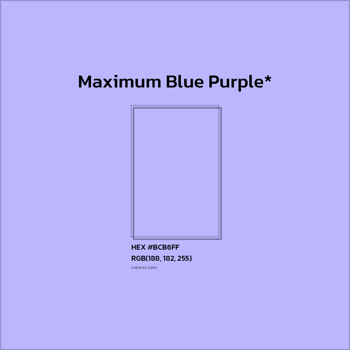 #BCB6FF hex color. RGB, RYB, CMYK, HSL, HSV codes and color conversions. Matching color names, palettes, paints.