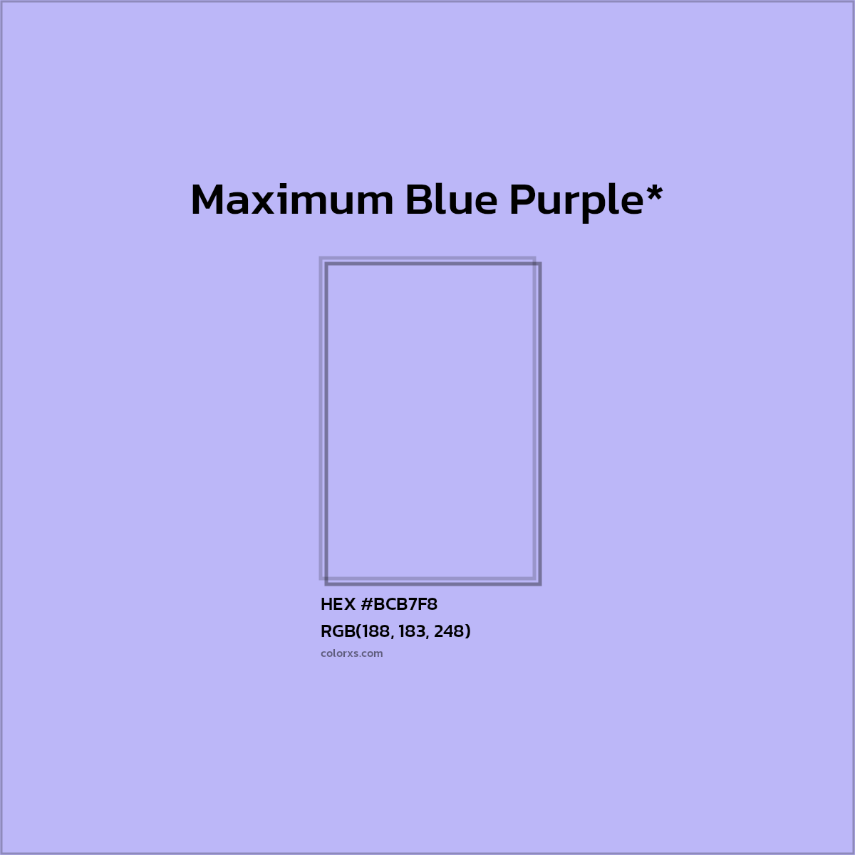 #BCB7F8 hex color. RGB, RYB, CMYK, HSL, HSV codes and color conversions. Matching color names, palettes, paints.
