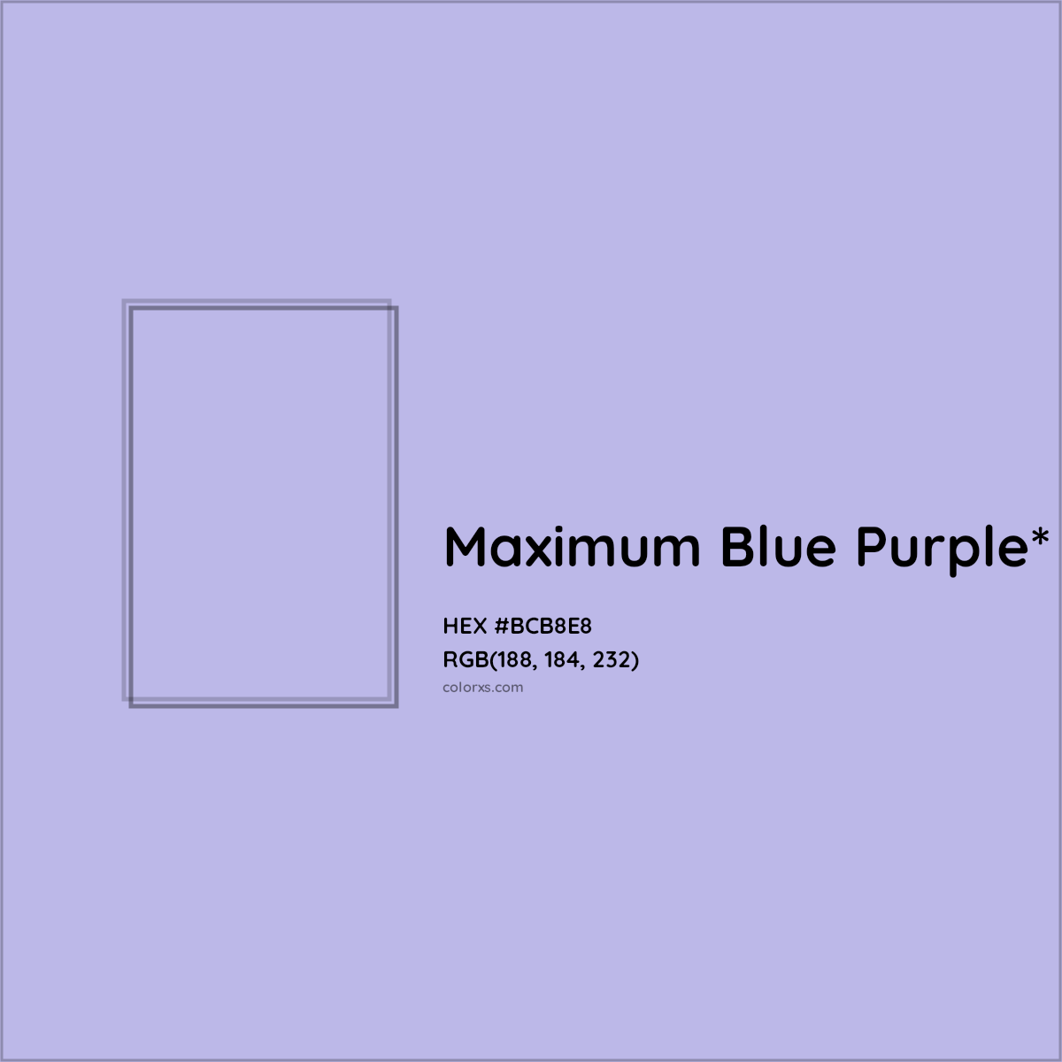 #BCB8E8 hex color. RGB, RYB, CMYK, HSL, HSV codes and color conversions. Matching color names, palettes, paints.