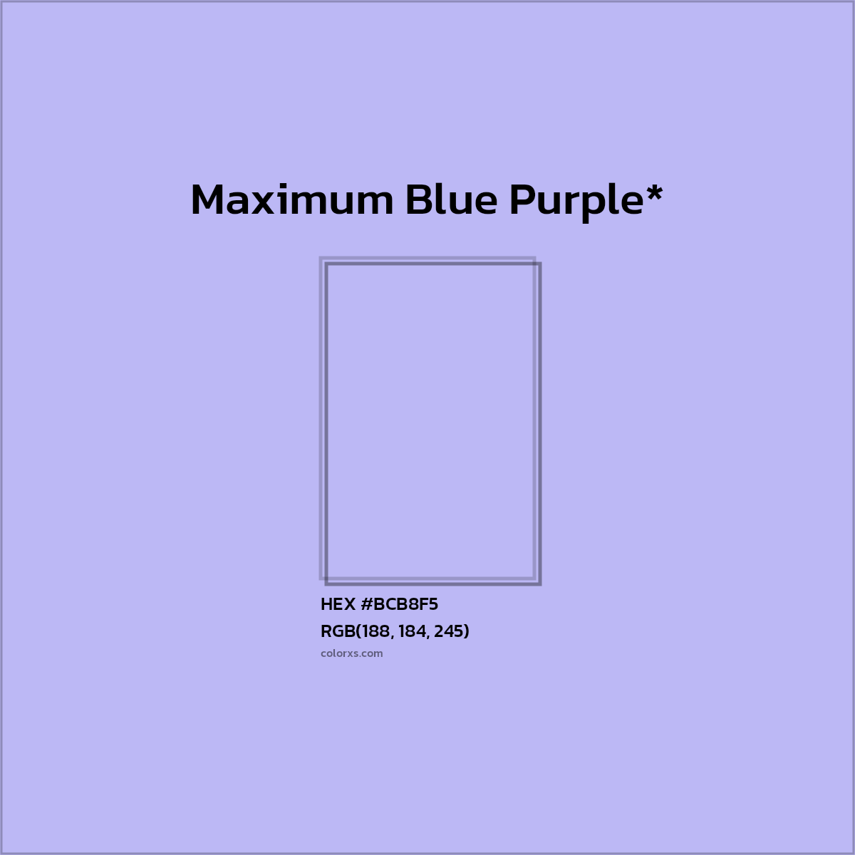 #BCB8F5 hex color. RGB, RYB, CMYK, HSL, HSV codes and color conversions. Matching color names, palettes, paints.