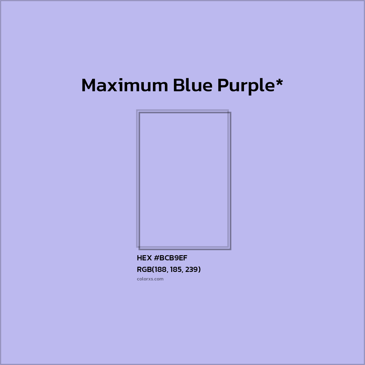 #BCB9EF hex color. RGB, RYB, CMYK, HSL, HSV codes and color conversions. Matching color names, palettes, paints.