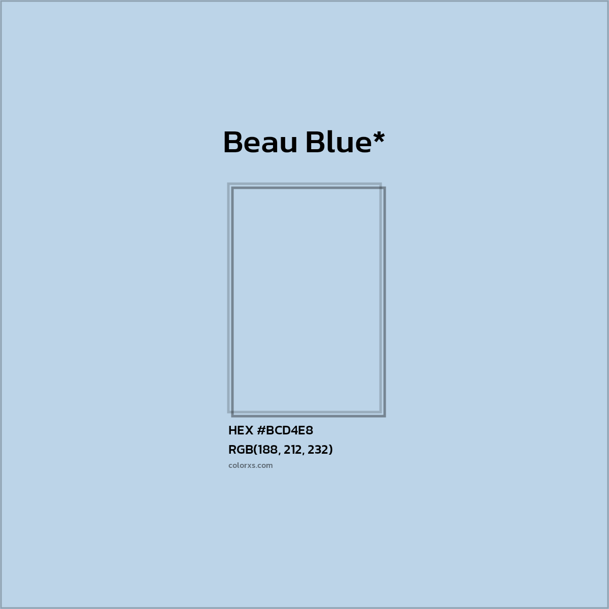 #BCD4E8 hex color. RGB, RYB, CMYK, HSL, HSV codes and color conversions. Matching color names, palettes, paints.