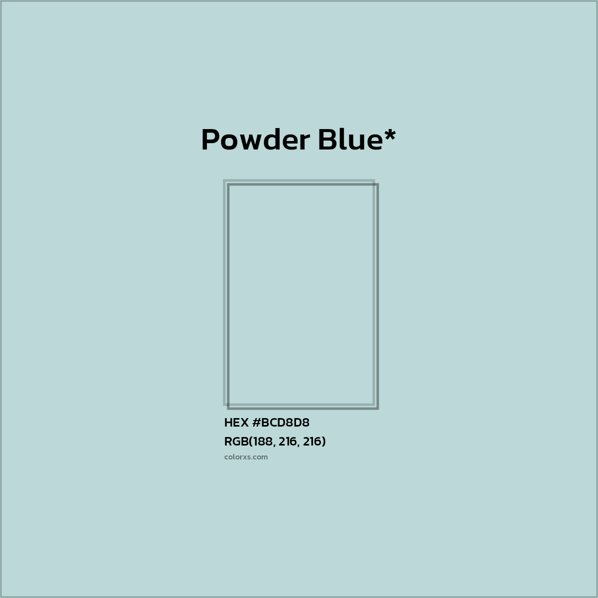 #BCD8D8 hex color. RGB, RYB, CMYK, HSL, HSV codes and color conversions. Matching color names, palettes, paints.