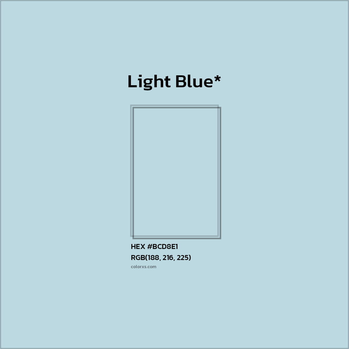 #BCD8E1 hex color. RGB, RYB, CMYK, HSL, HSV codes and color conversions. Matching color names, palettes, paints.