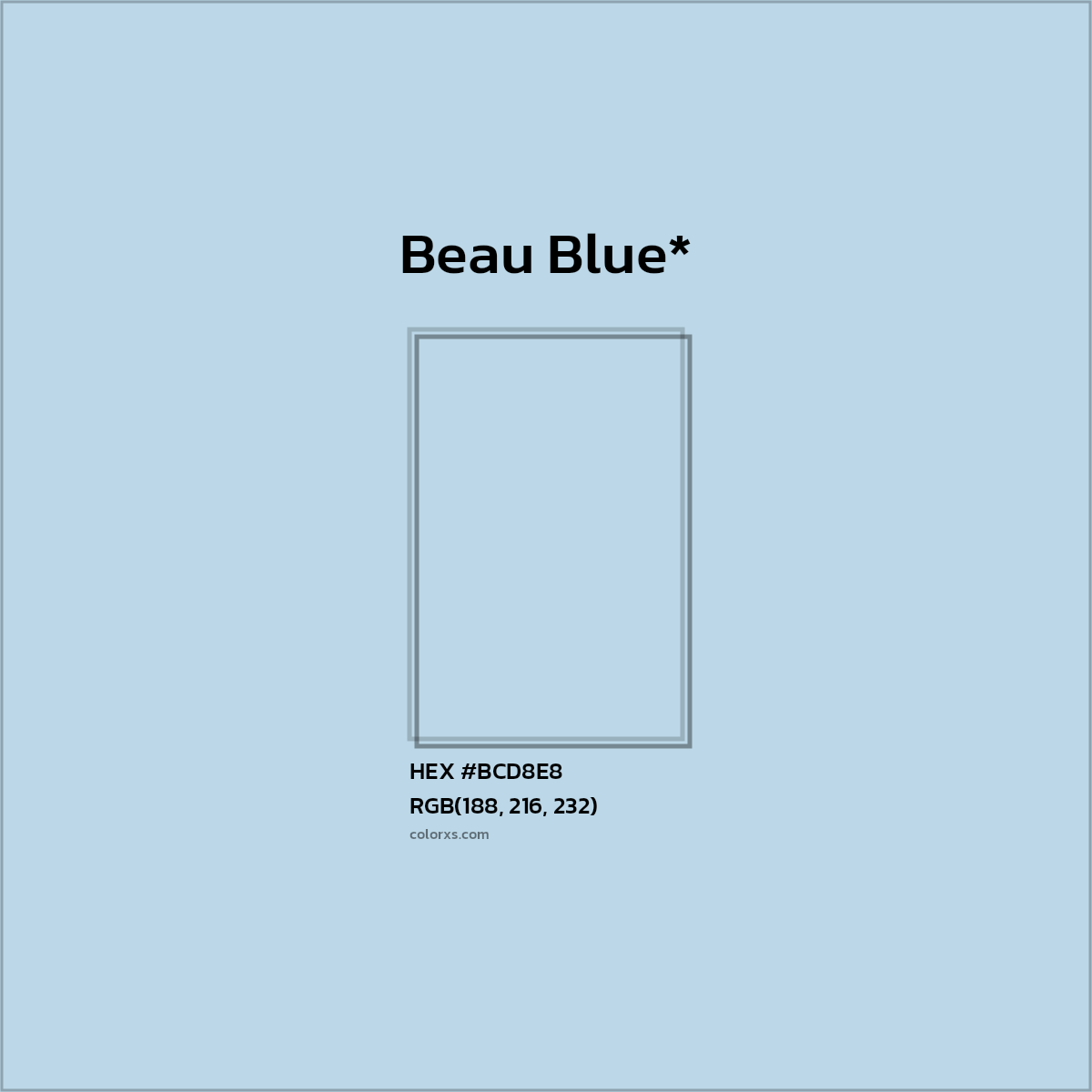 #BCD8E8 hex color. RGB, RYB, CMYK, HSL, HSV codes and color conversions. Matching color names, palettes, paints.