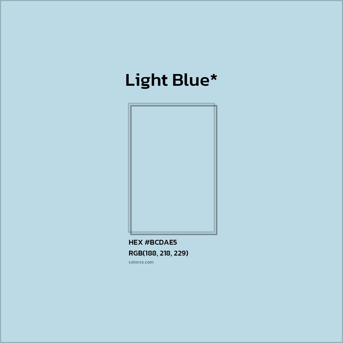 #BCDAE5 hex color. RGB, RYB, CMYK, HSL, HSV codes and color conversions. Matching color names, palettes, paints.