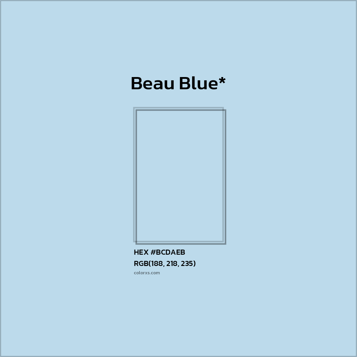 #BCDAEB hex color. RGB, RYB, CMYK, HSL, HSV codes and color conversions. Matching color names, palettes, paints.