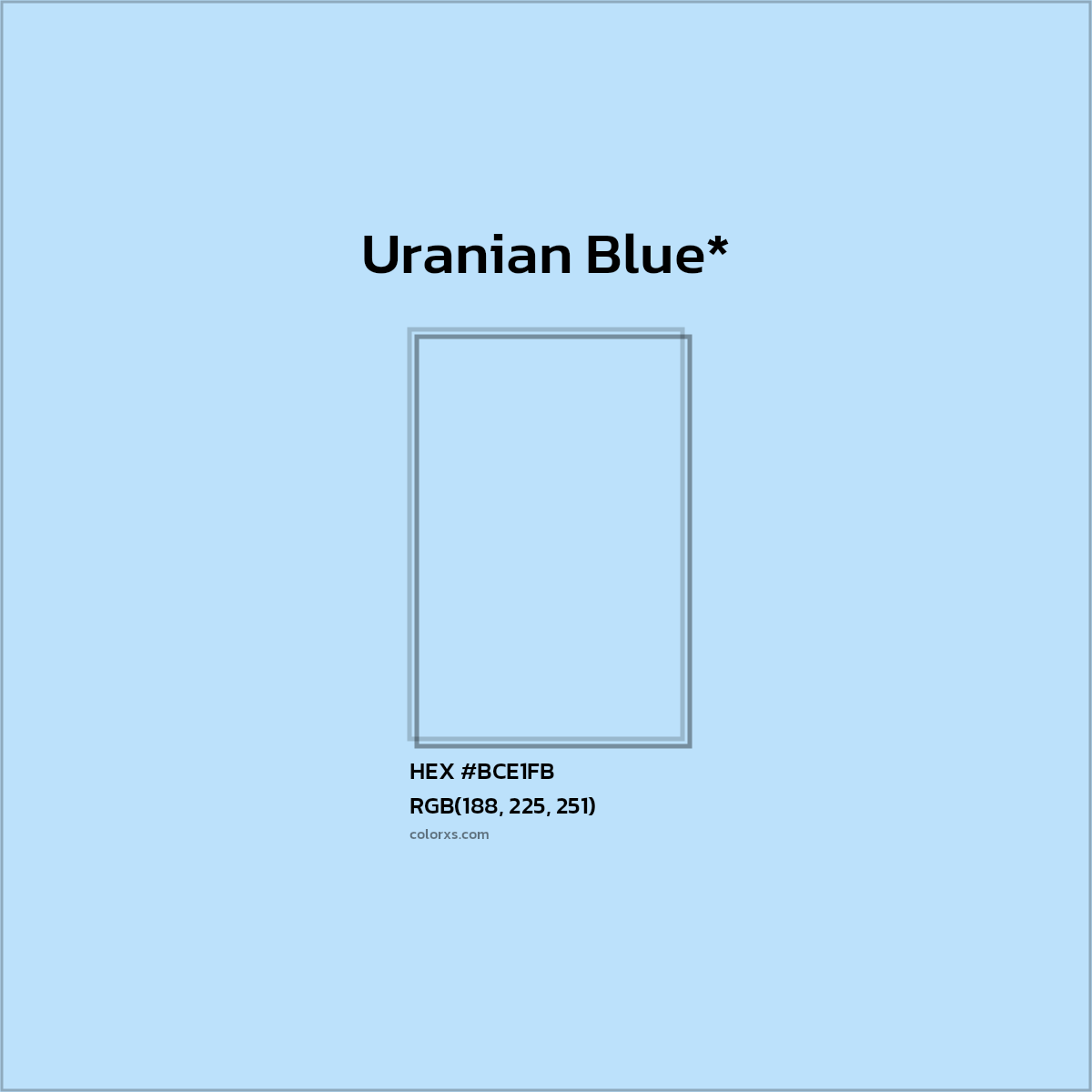 #BCE1FB hex color. RGB, RYB, CMYK, HSL, HSV codes and color conversions. Matching color names, palettes, paints.