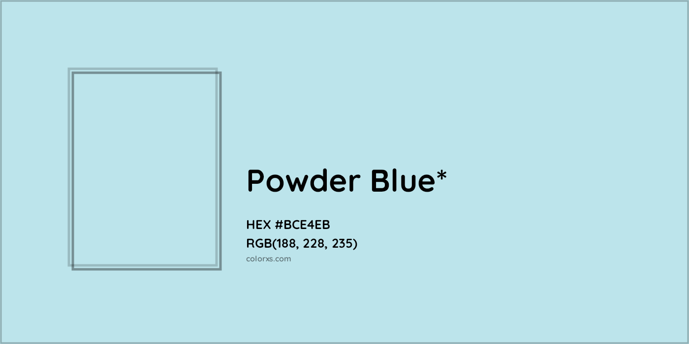 #BCE4EB hex color. RGB, RYB, CMYK, HSL, HSV codes and color conversions. Matching color names, palettes, paints.