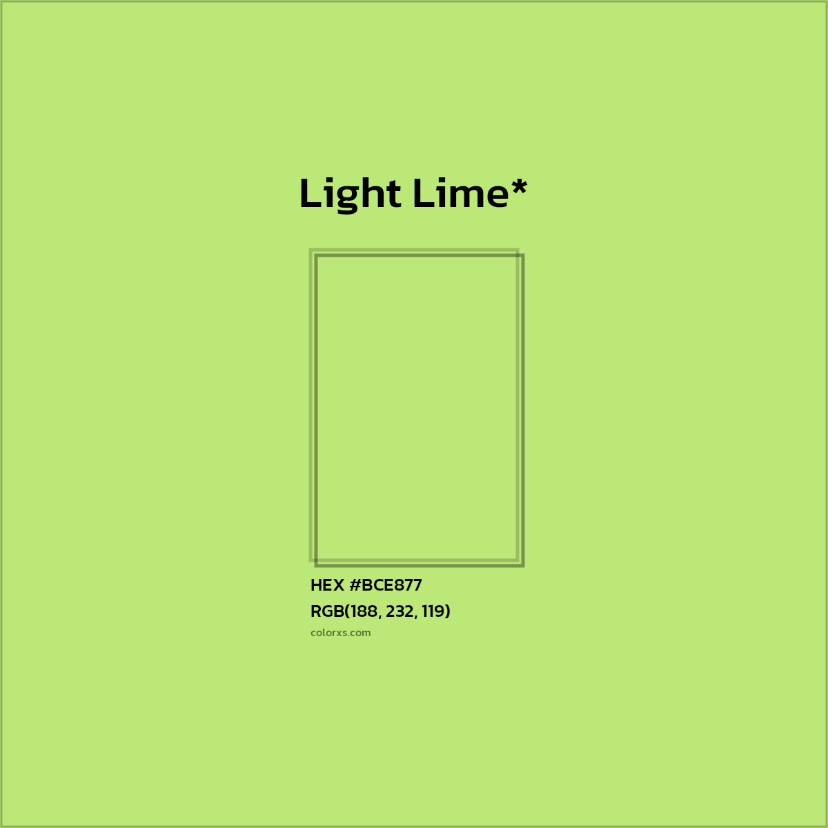 #BCE877 hex color. RGB, RYB, CMYK, HSL, HSV codes and color conversions. Matching color names, palettes, paints.