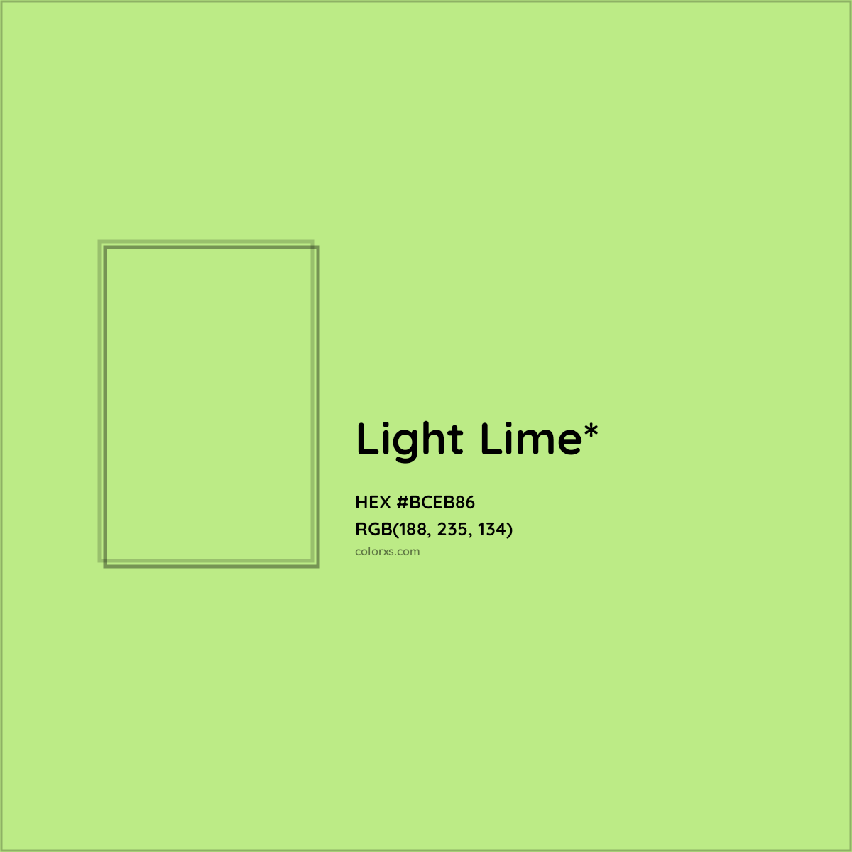 #BCEB86 hex color. RGB, RYB, CMYK, HSL, HSV codes and color conversions. Matching color names, palettes, paints.