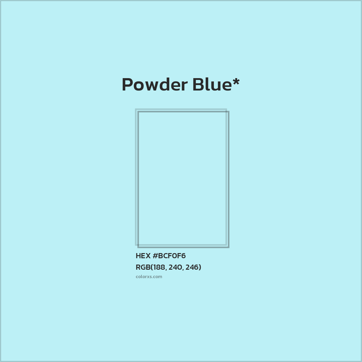 #BCF0F6 hex color. RGB, RYB, CMYK, HSL, HSV codes and color conversions. Matching color names, palettes, paints.