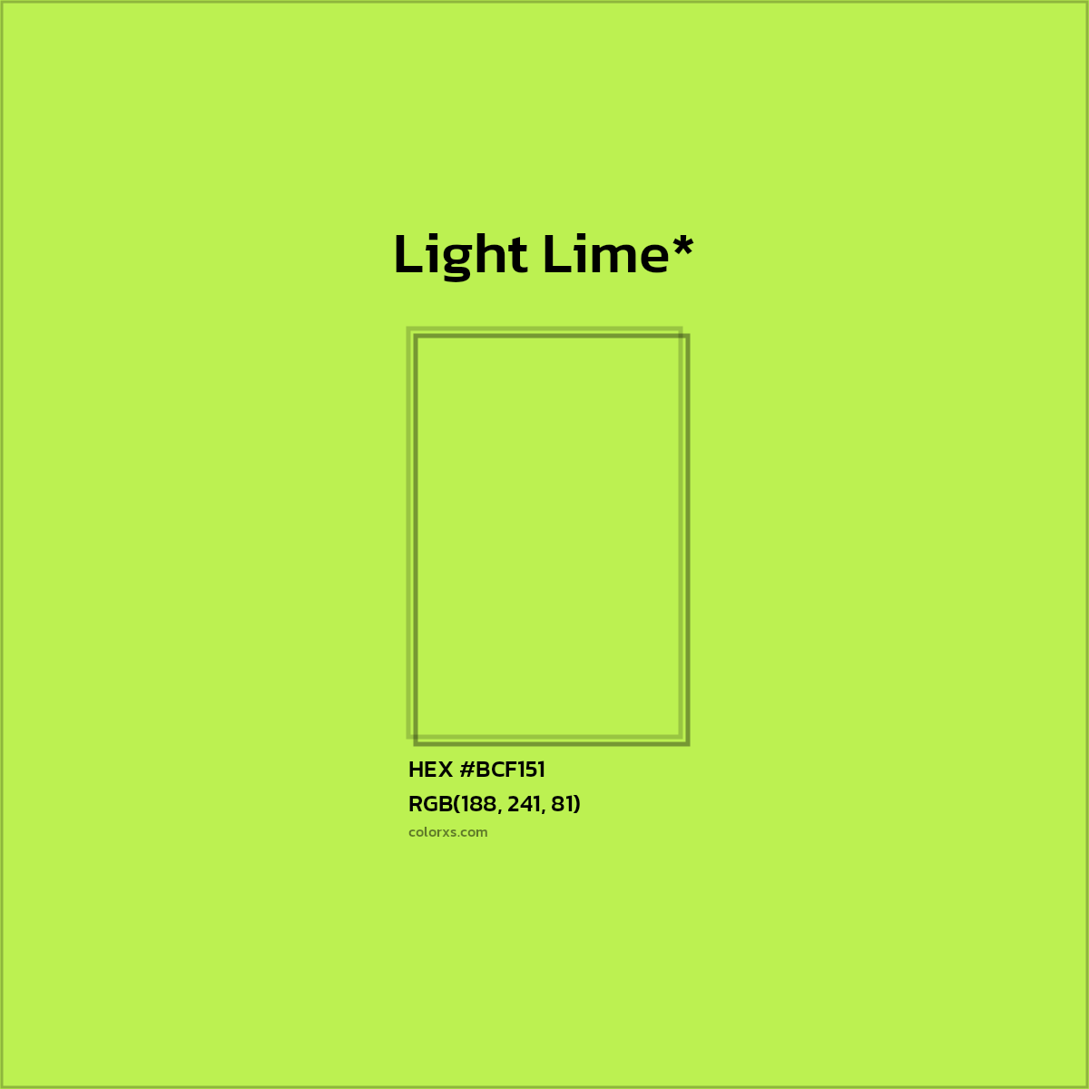 #BCF151 hex color. RGB, RYB, CMYK, HSL, HSV codes and color conversions. Matching color names, palettes, paints.