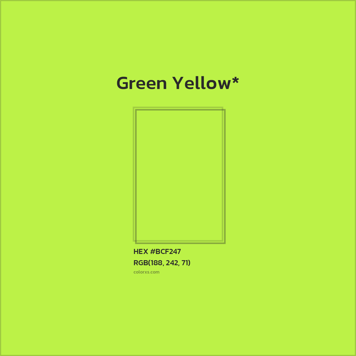 #BCF247 hex color. RGB, RYB, CMYK, HSL, HSV codes and color conversions. Matching color names, palettes, paints.