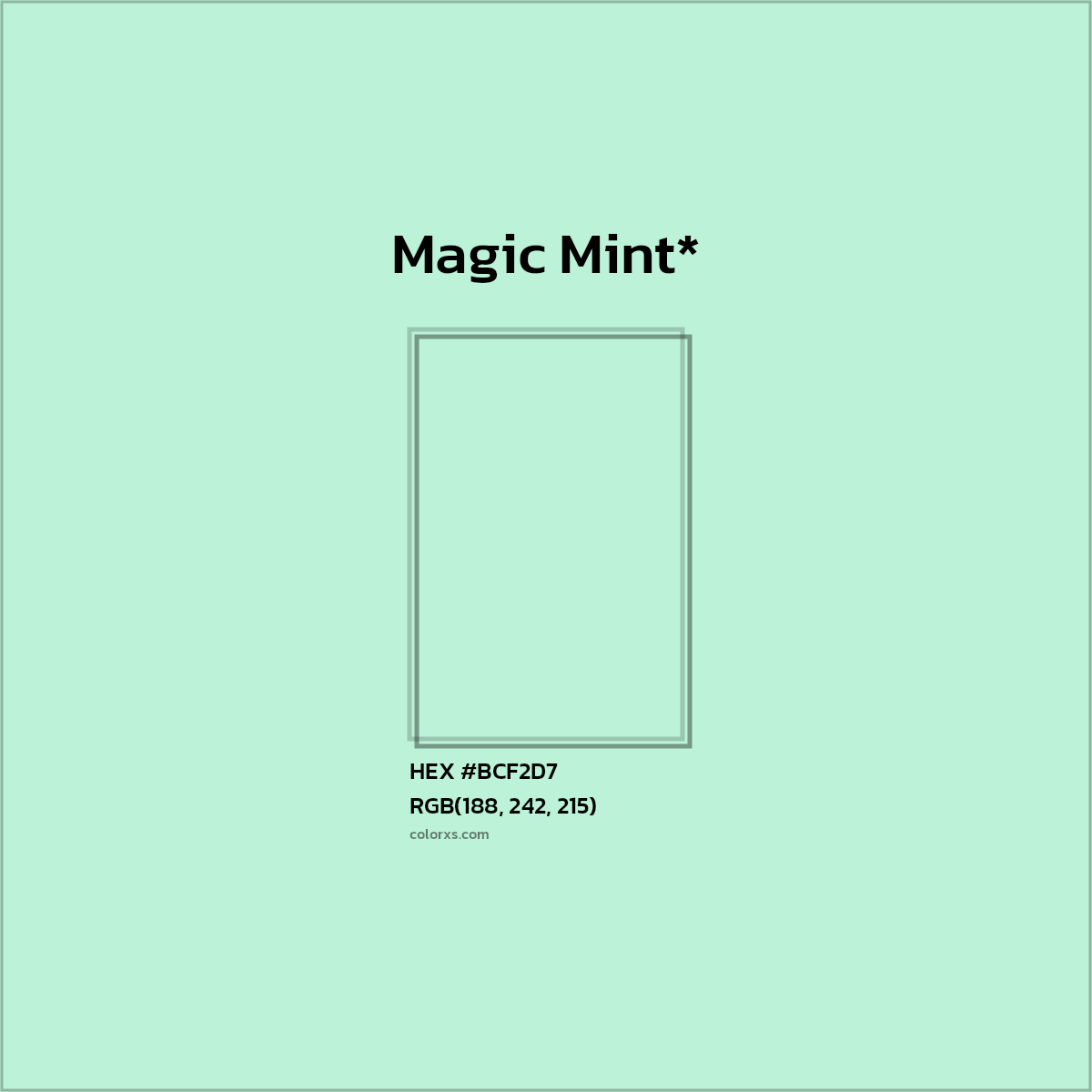 #BCF2D7 hex color. RGB, RYB, CMYK, HSL, HSV codes and color conversions. Matching color names, palettes, paints.