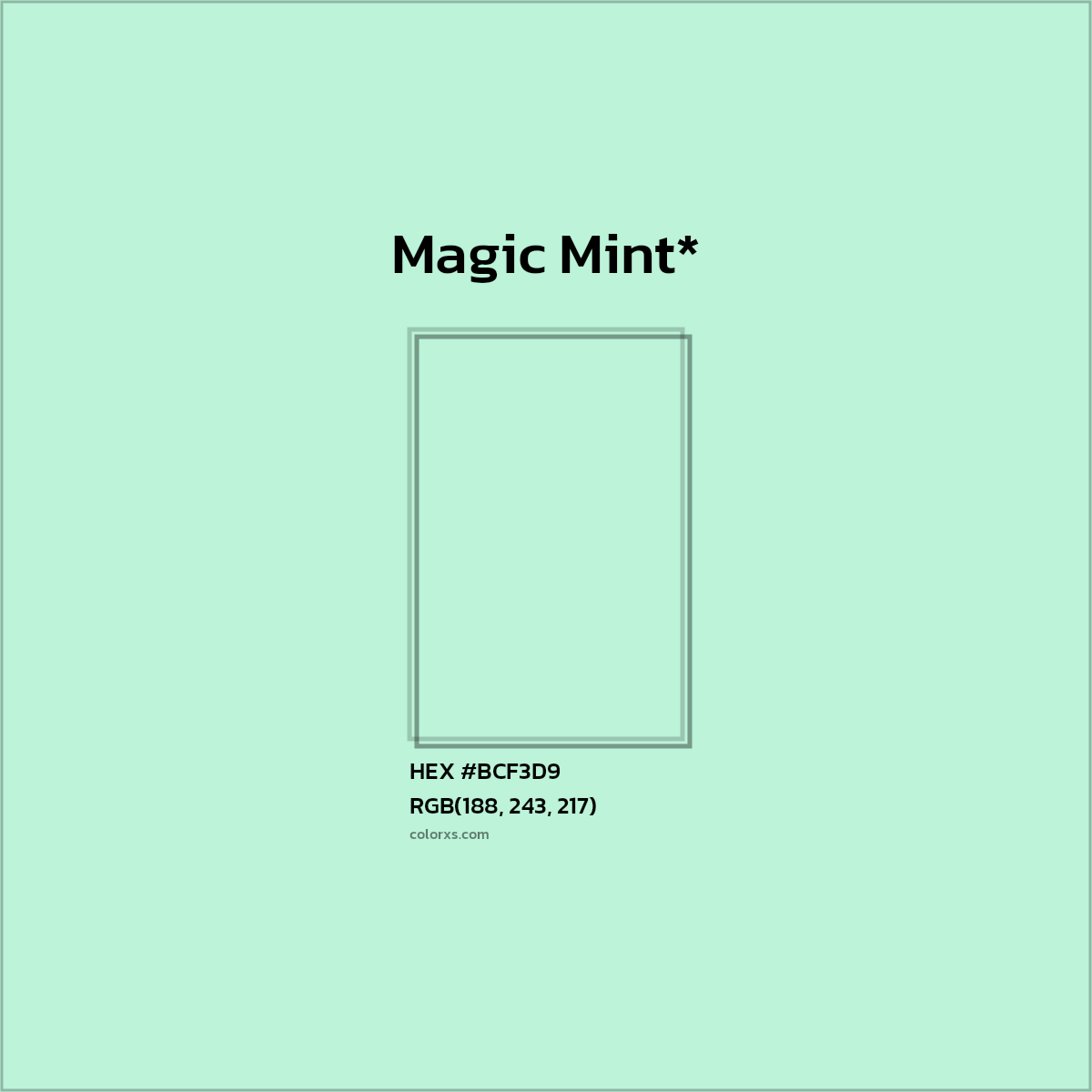 #BCF3D9 hex color. RGB, RYB, CMYK, HSL, HSV codes and color conversions. Matching color names, palettes, paints.
