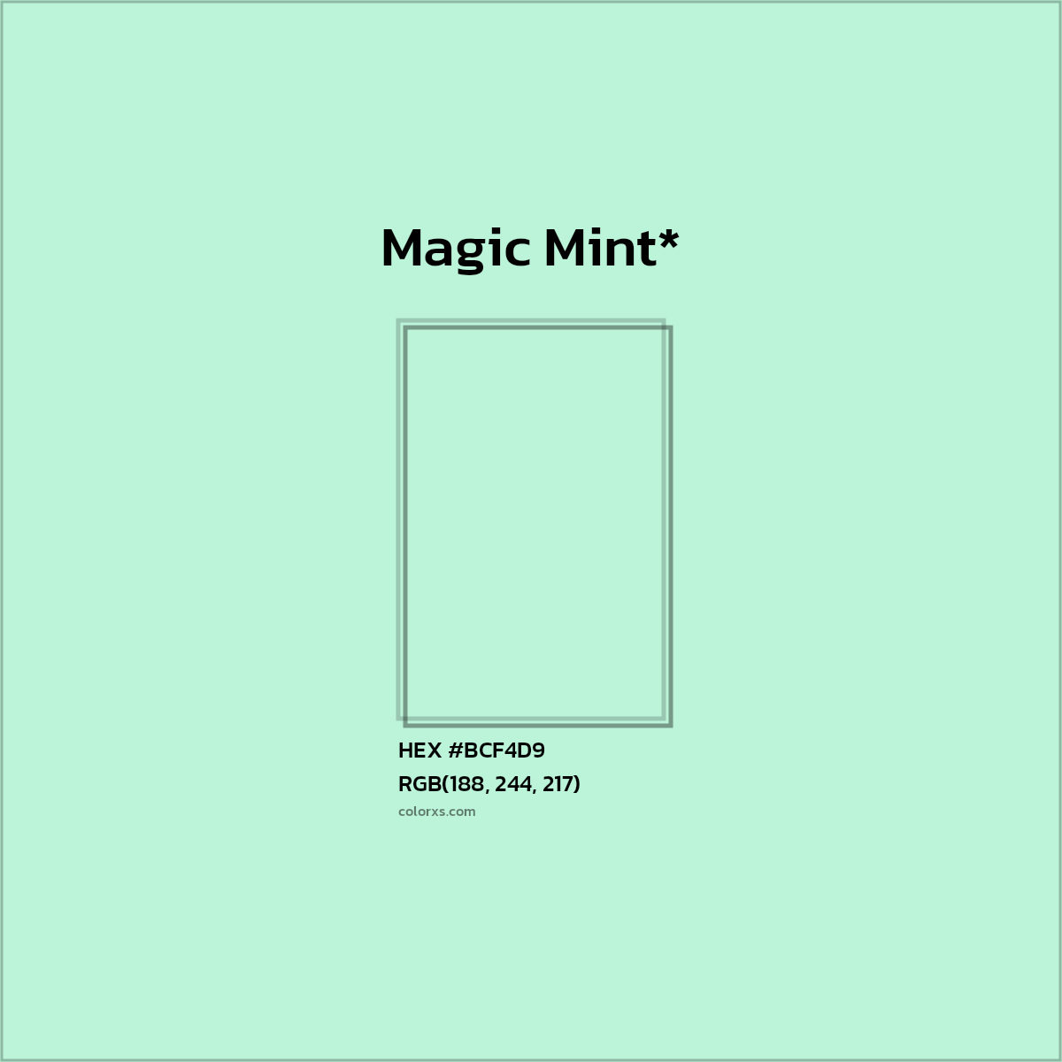 #BCF4D9 hex color. RGB, RYB, CMYK, HSL, HSV codes and color conversions. Matching color names, palettes, paints.
