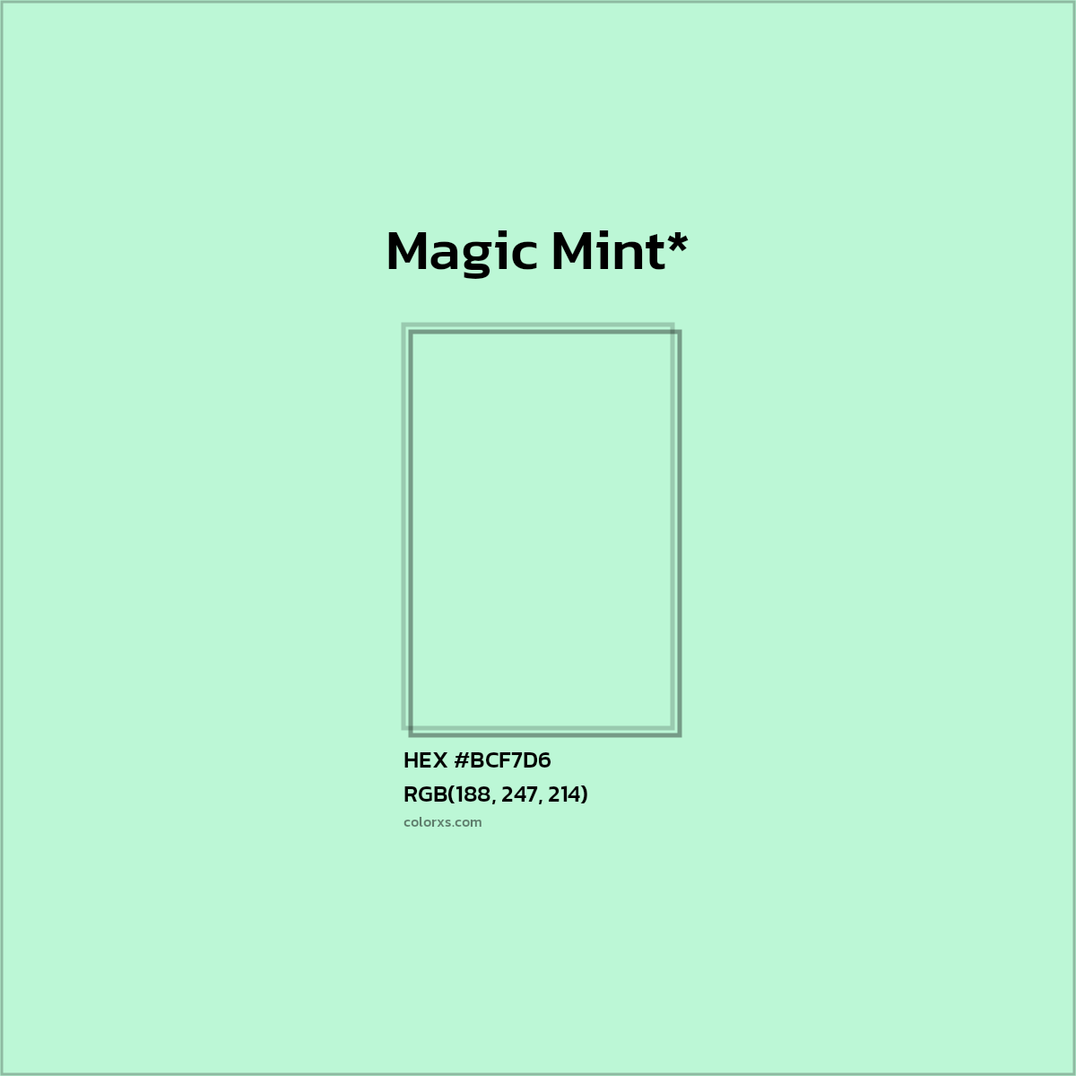 #BCF7D6 hex color. RGB, RYB, CMYK, HSL, HSV codes and color conversions. Matching color names, palettes, paints.