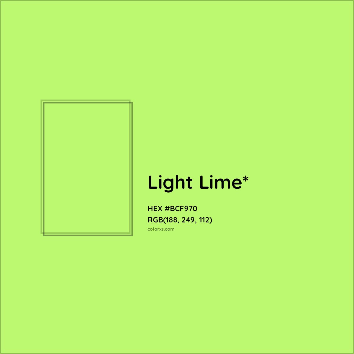 #BCF970 hex color. RGB, RYB, CMYK, HSL, HSV codes and color conversions. Matching color names, palettes, paints.