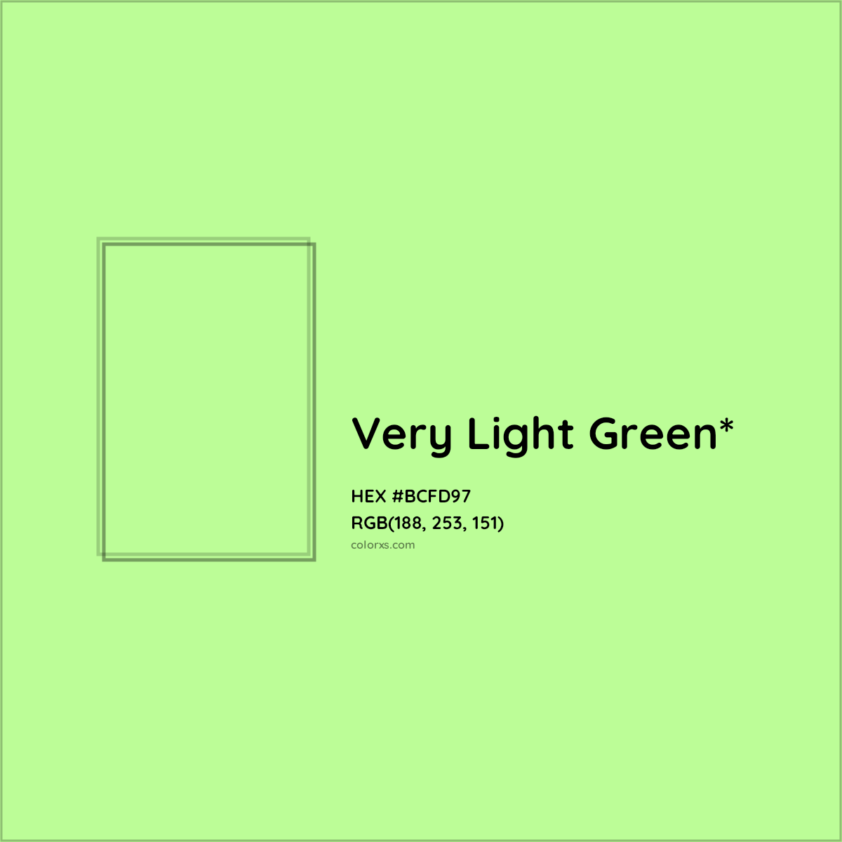 #BCFD97 hex color. RGB, RYB, CMYK, HSL, HSV codes and color conversions. Matching color names, palettes, paints.