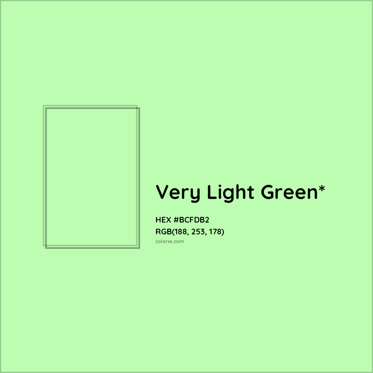 #BCFDB2 hex color. RGB, RYB, CMYK, HSL, HSV codes and color conversions. Matching color names, palettes, paints.