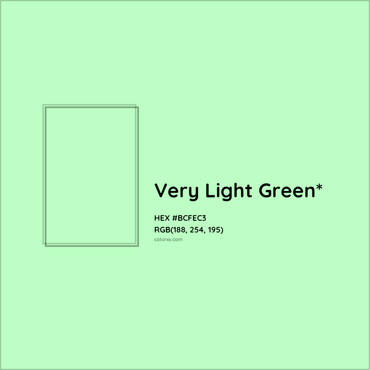 #BCFEC3 hex color. RGB, RYB, CMYK, HSL, HSV codes and color conversions. Matching color names, palettes, paints.