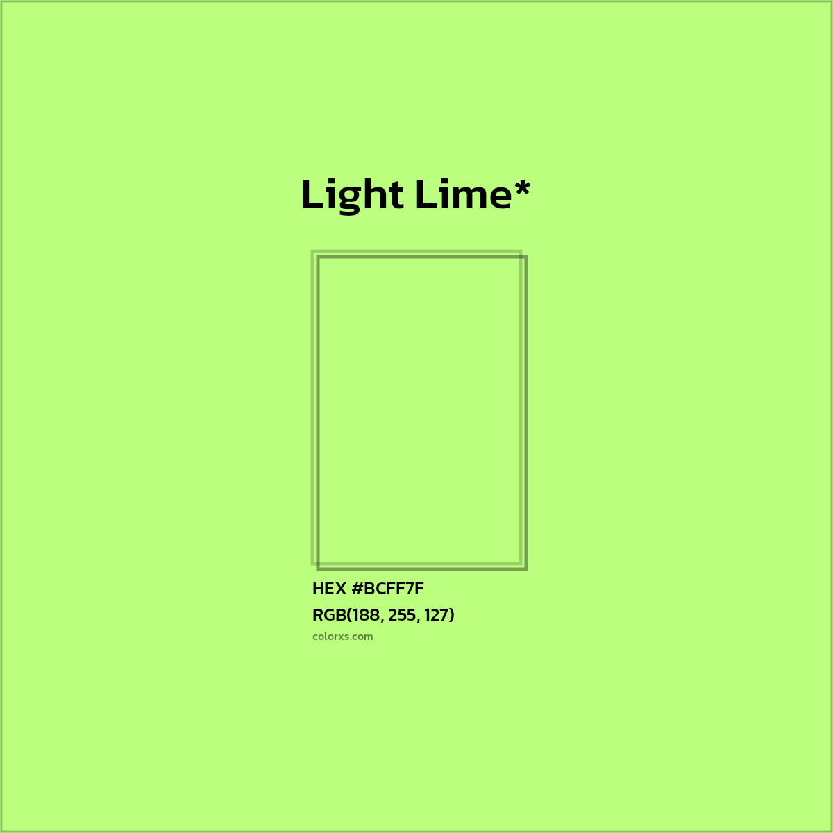 #BCFF7F hex color. RGB, RYB, CMYK, HSL, HSV codes and color conversions. Matching color names, palettes, paints.