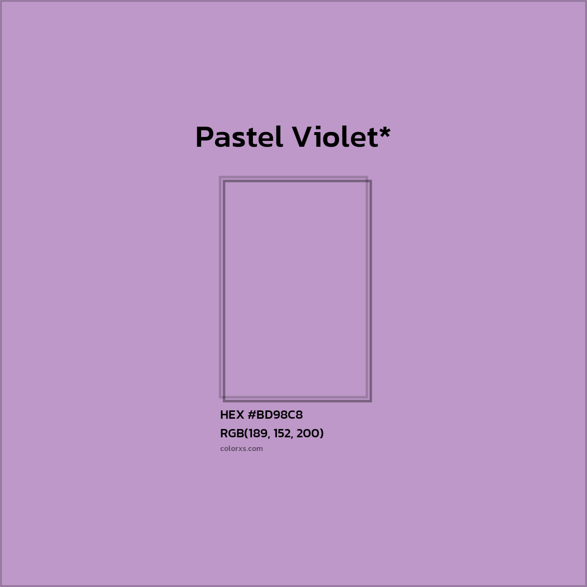 #BD98C8 hex color. RGB, RYB, CMYK, HSL, HSV codes and color conversions. Matching color names, palettes, paints.