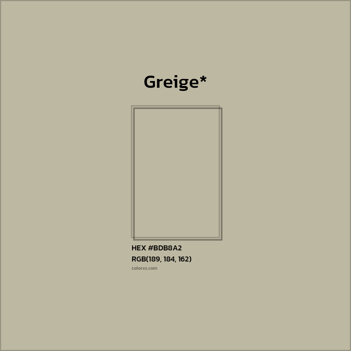 #BDB8A2 hex color. RGB, RYB, CMYK, HSL, HSV codes and color conversions. Matching color names, palettes, paints.