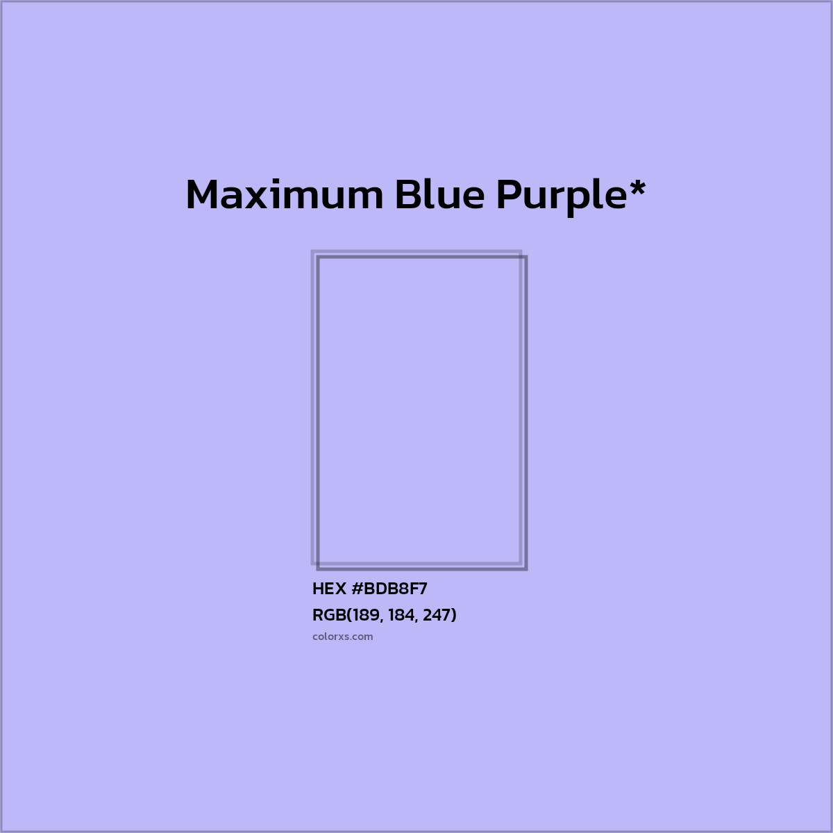 #BDB8F7 hex color. RGB, RYB, CMYK, HSL, HSV codes and color conversions. Matching color names, palettes, paints.