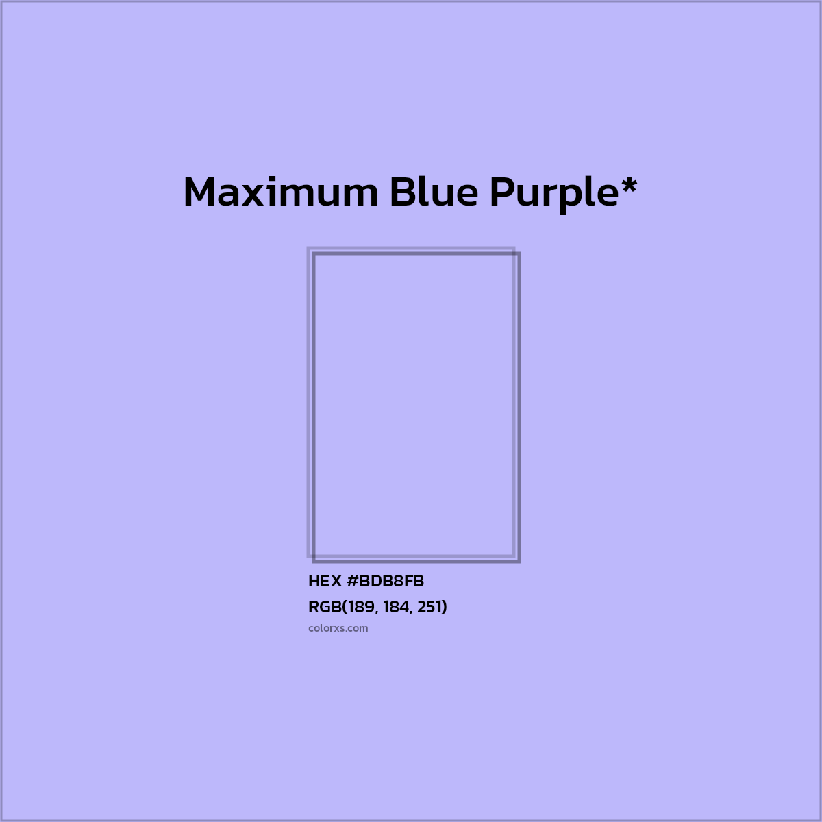#BDB8FB hex color. RGB, RYB, CMYK, HSL, HSV codes and color conversions. Matching color names, palettes, paints.