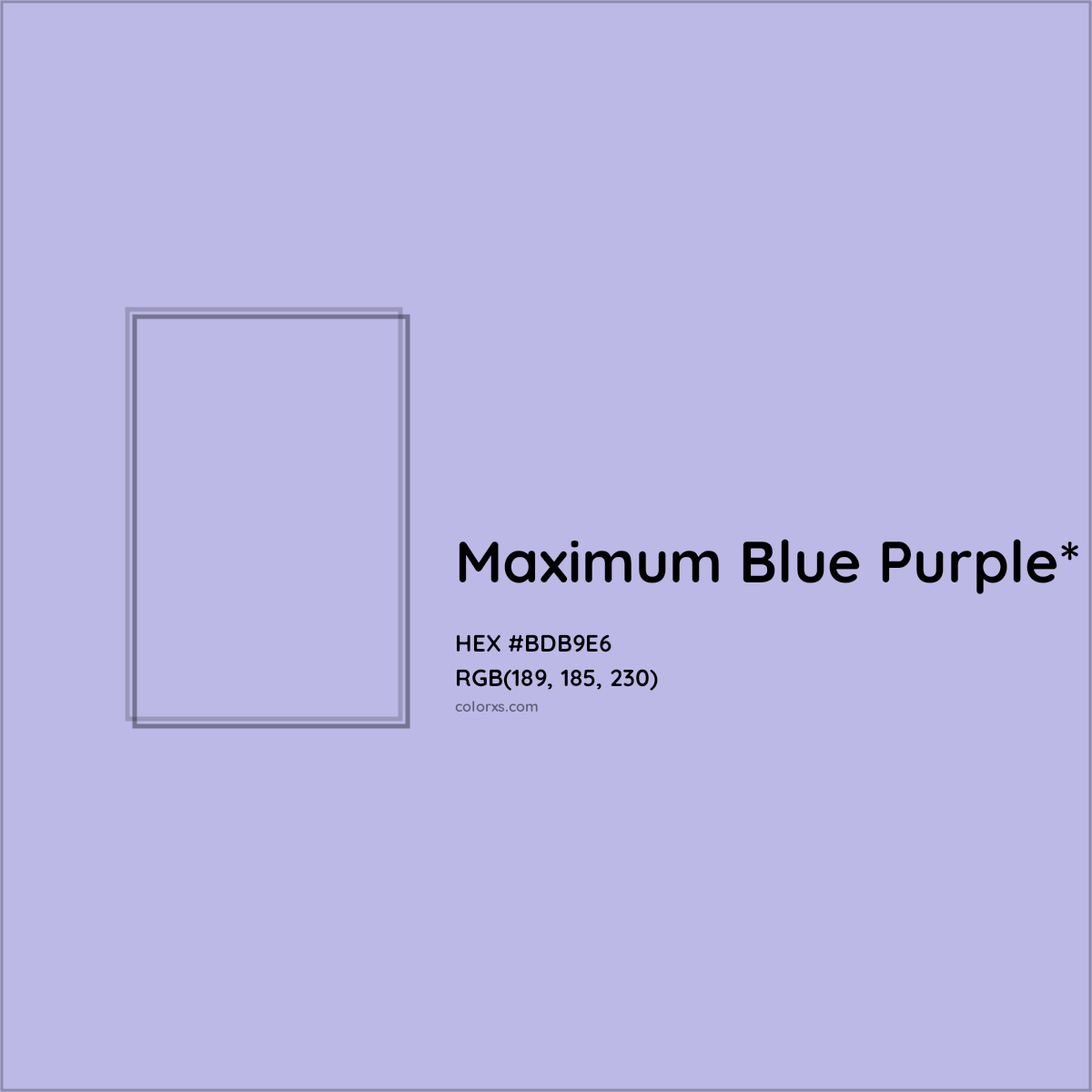 #BDB9E6 hex color. RGB, RYB, CMYK, HSL, HSV codes and color conversions. Matching color names, palettes, paints.