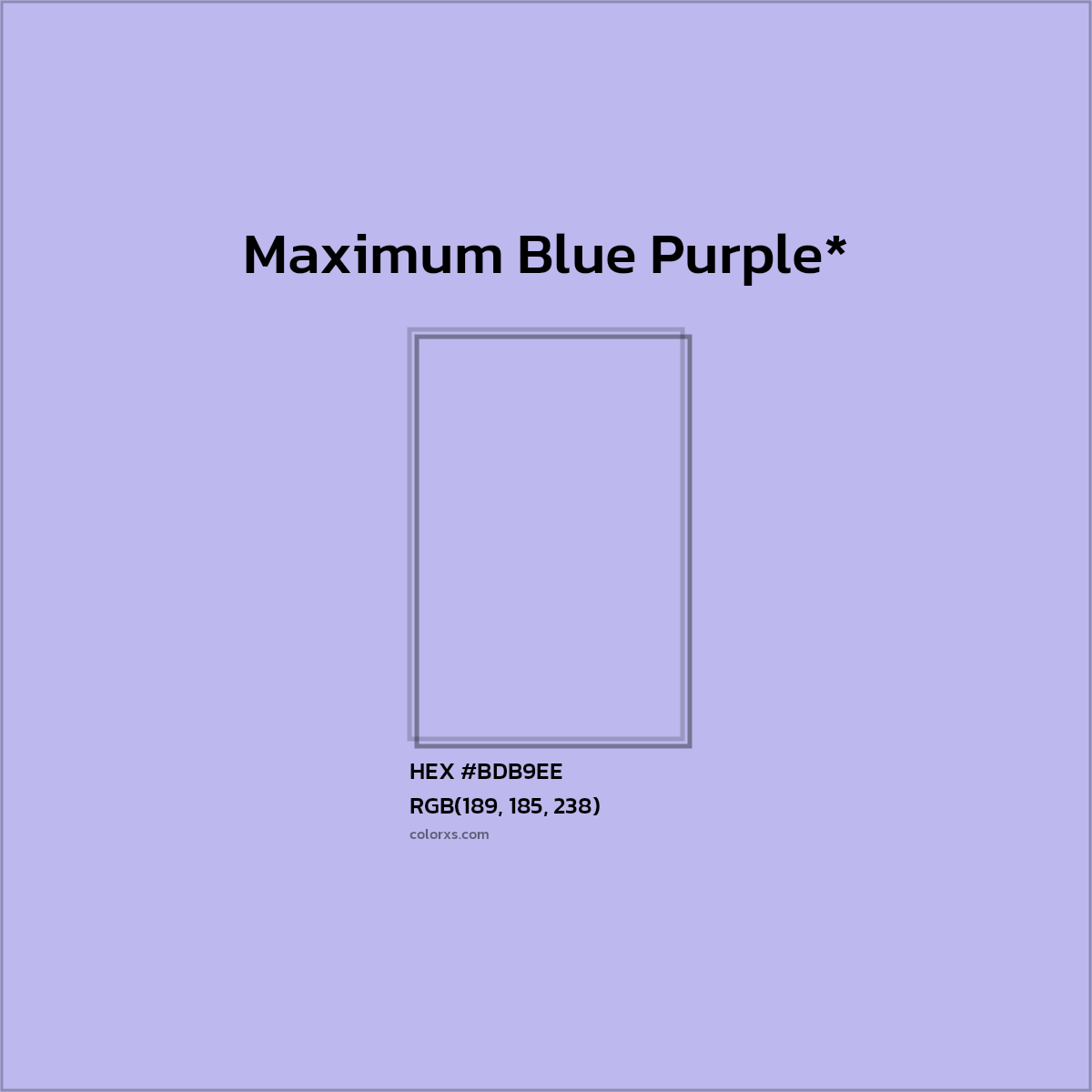 #BDB9EE hex color. RGB, RYB, CMYK, HSL, HSV codes and color conversions. Matching color names, palettes, paints.