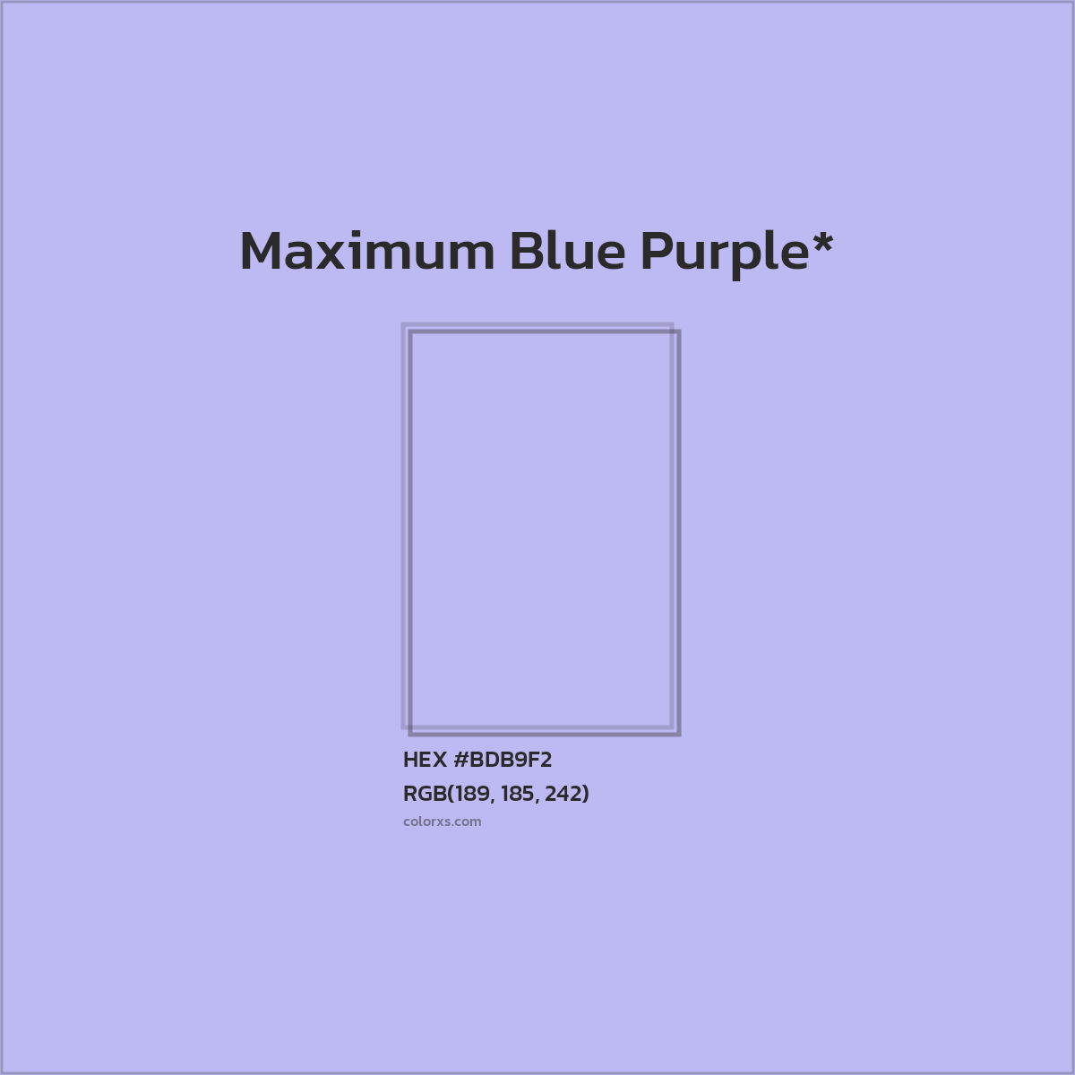 #BDB9F2 hex color. RGB, RYB, CMYK, HSL, HSV codes and color conversions. Matching color names, palettes, paints.