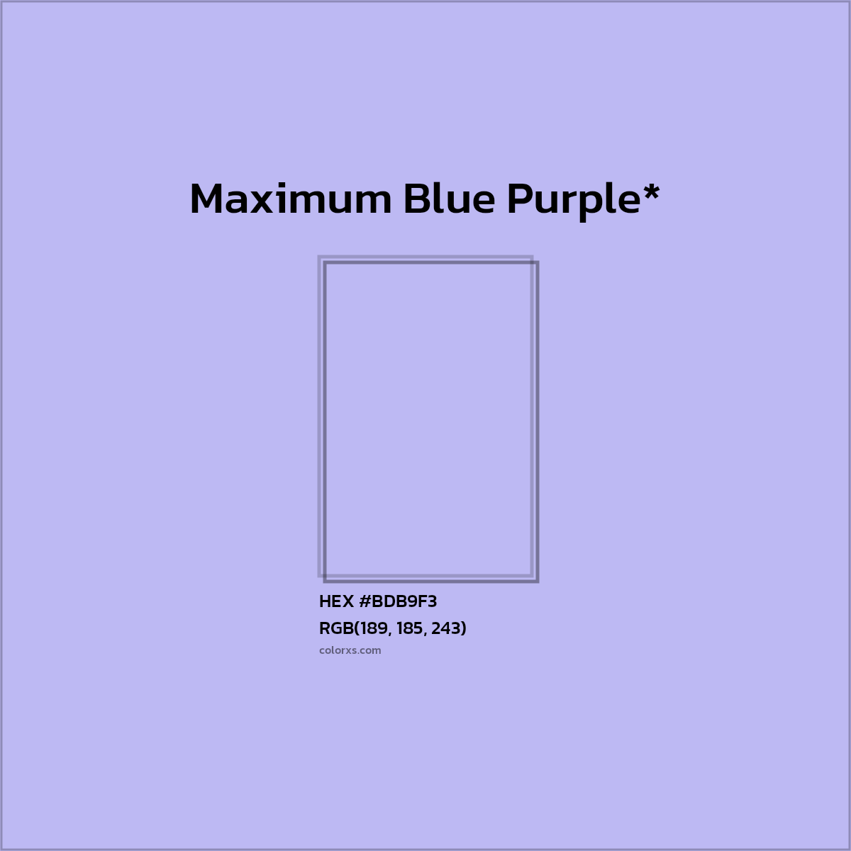 #BDB9F3 hex color. RGB, RYB, CMYK, HSL, HSV codes and color conversions. Matching color names, palettes, paints.