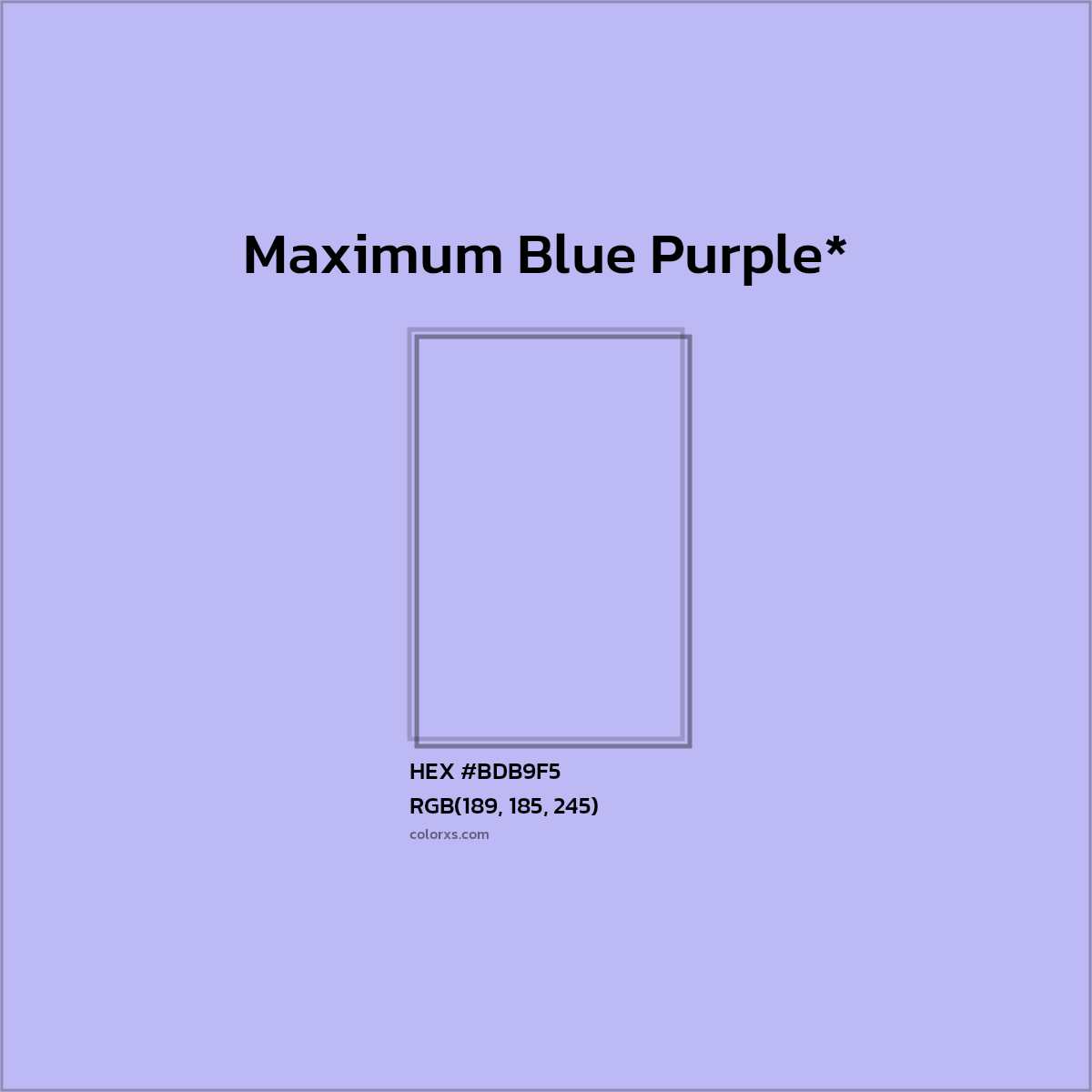 #BDB9F5 hex color. RGB, RYB, CMYK, HSL, HSV codes and color conversions. Matching color names, palettes, paints.
