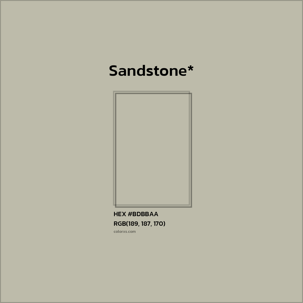 #BDBBAA hex color. RGB, RYB, CMYK, HSL, HSV codes and color conversions. Matching color names, palettes, paints.