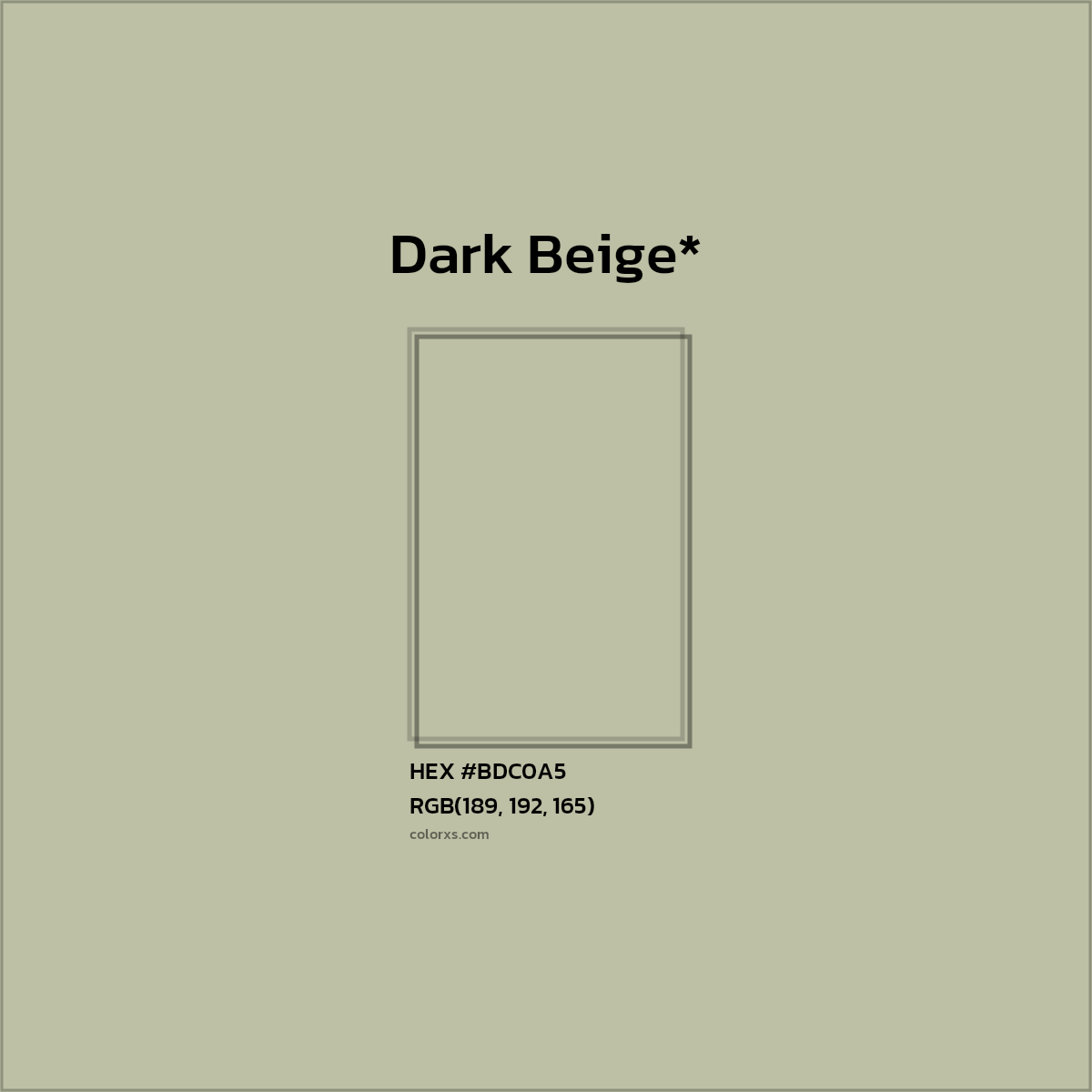 #BDC0A5 hex color. RGB, RYB, CMYK, HSL, HSV codes and color conversions. Matching color names, palettes, paints.