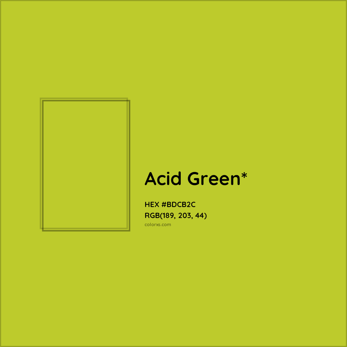 #BDCB2C hex color. RGB, RYB, CMYK, HSL, HSV codes and color conversions. Matching color names, palettes, paints.