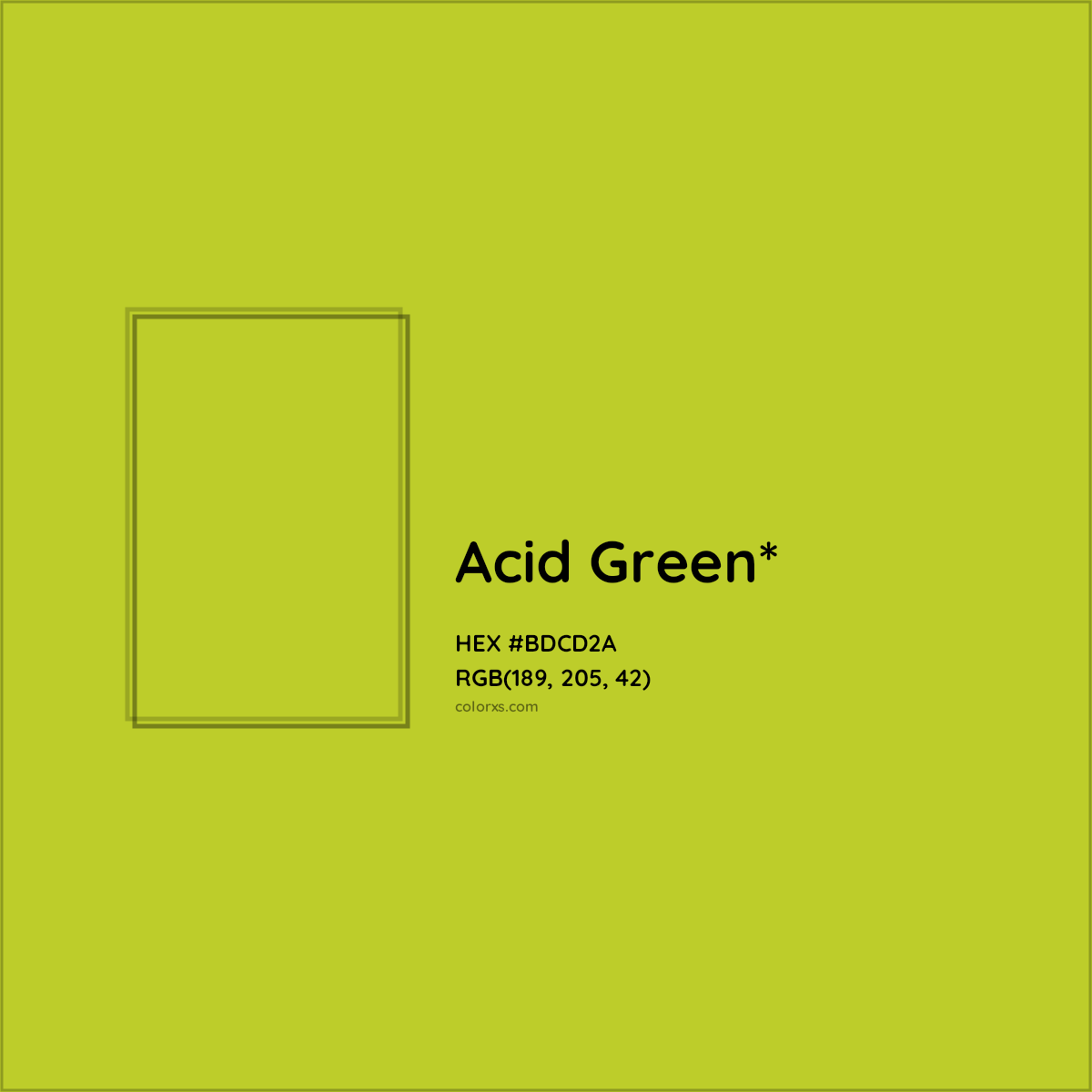 #BDCD2A hex color. RGB, RYB, CMYK, HSL, HSV codes and color conversions. Matching color names, palettes, paints.
