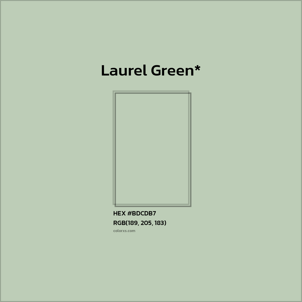 #BDCDB7 hex color. RGB, RYB, CMYK, HSL, HSV codes and color conversions. Matching color names, palettes, paints.