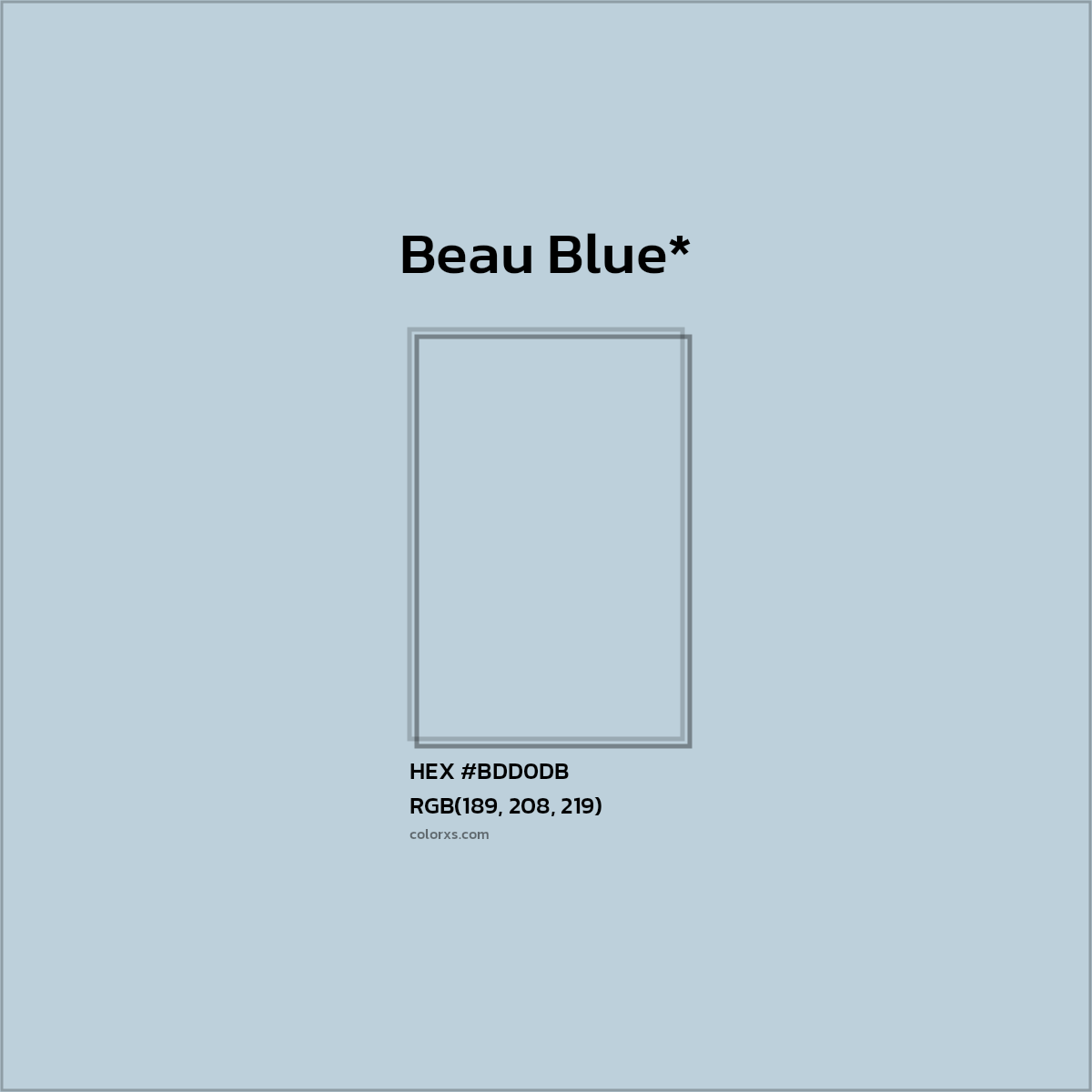#BDD0DB hex color. RGB, RYB, CMYK, HSL, HSV codes and color conversions. Matching color names, palettes, paints.