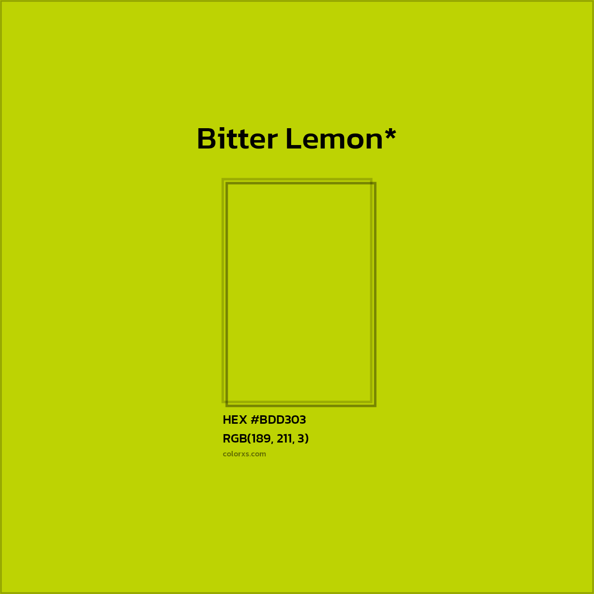 #BDD303 hex color. RGB, RYB, CMYK, HSL, HSV codes and color conversions. Matching color names, palettes, paints.