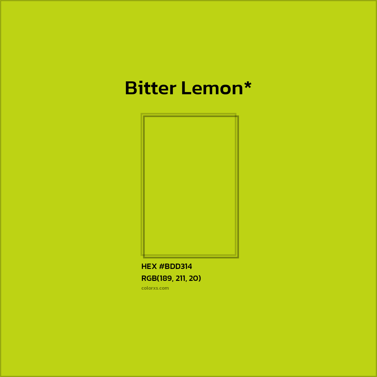 #BDD314 hex color. RGB, RYB, CMYK, HSL, HSV codes and color conversions. Matching color names, palettes, paints.